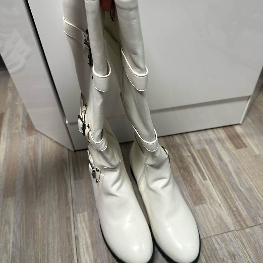White Buckle Knee-High Boots - Picture 2 of 5